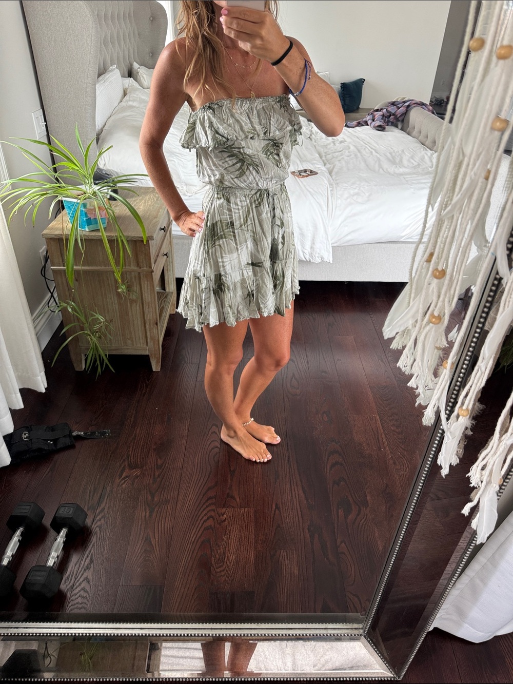 Surf Gypsy Strapless Ruffle Mini Dress with shorts in Olive Green and Cream